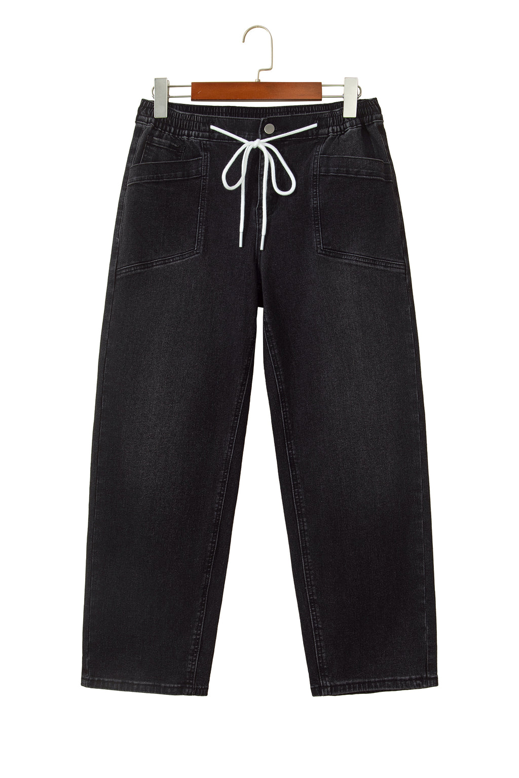 Black Drawstring Waist Ankle Length Casual Jeans Regular Fit Pocket Detail Denim Pants