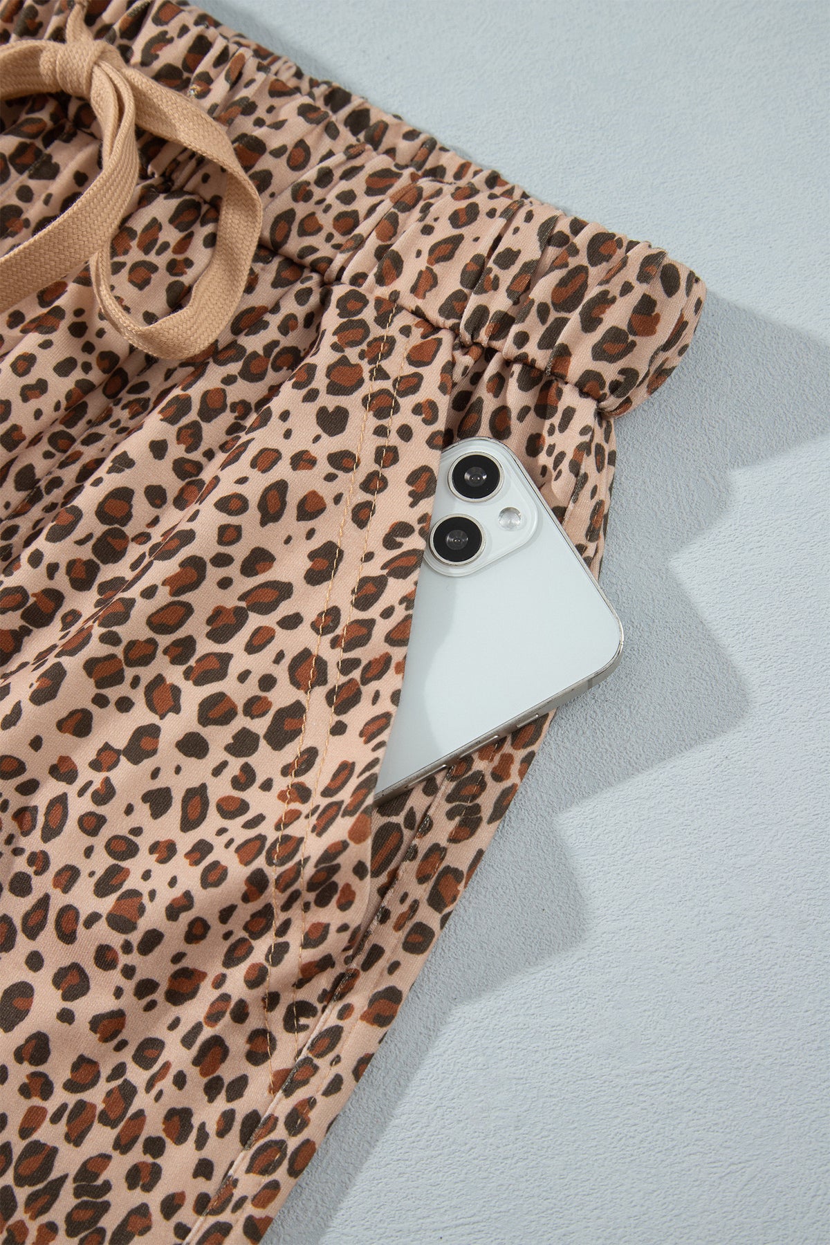 Khaki Leopard Print Drawstring Waist Patch Pockets Pants