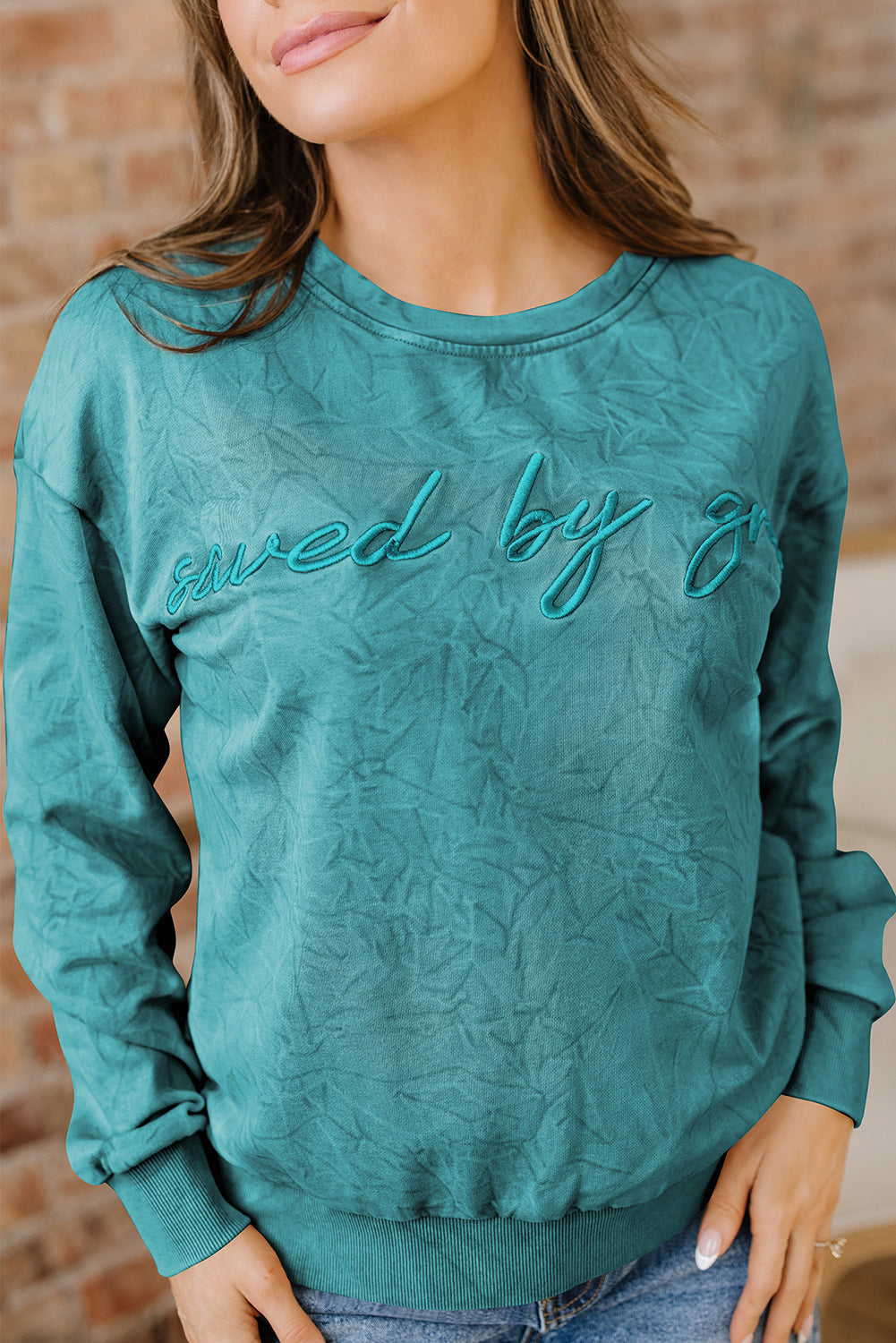 Sea Green saved by grace Letter Embroidery Mineral Wash Loose Sweatshirt