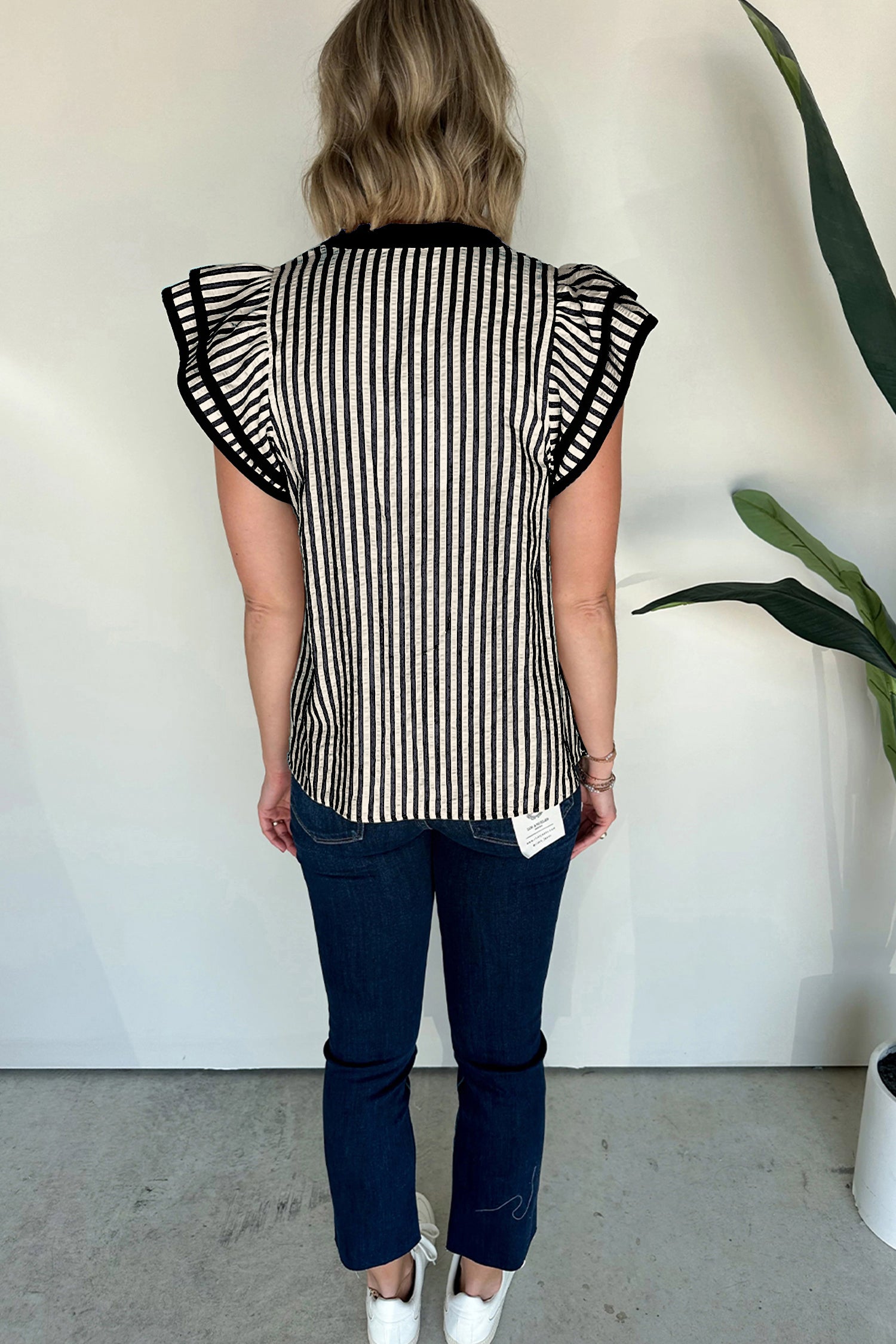 Black Stripe Double Ruffled Short Sleeve V Neck Blouse
