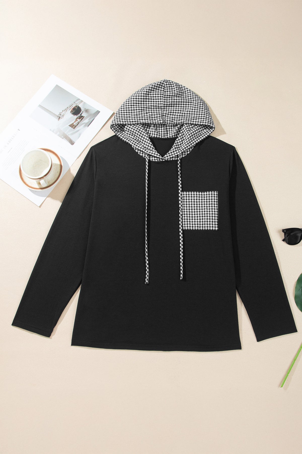 Black Hooded Gingham Paneling Chest Patch Pocket Long Sleeve Plus Size Blouse