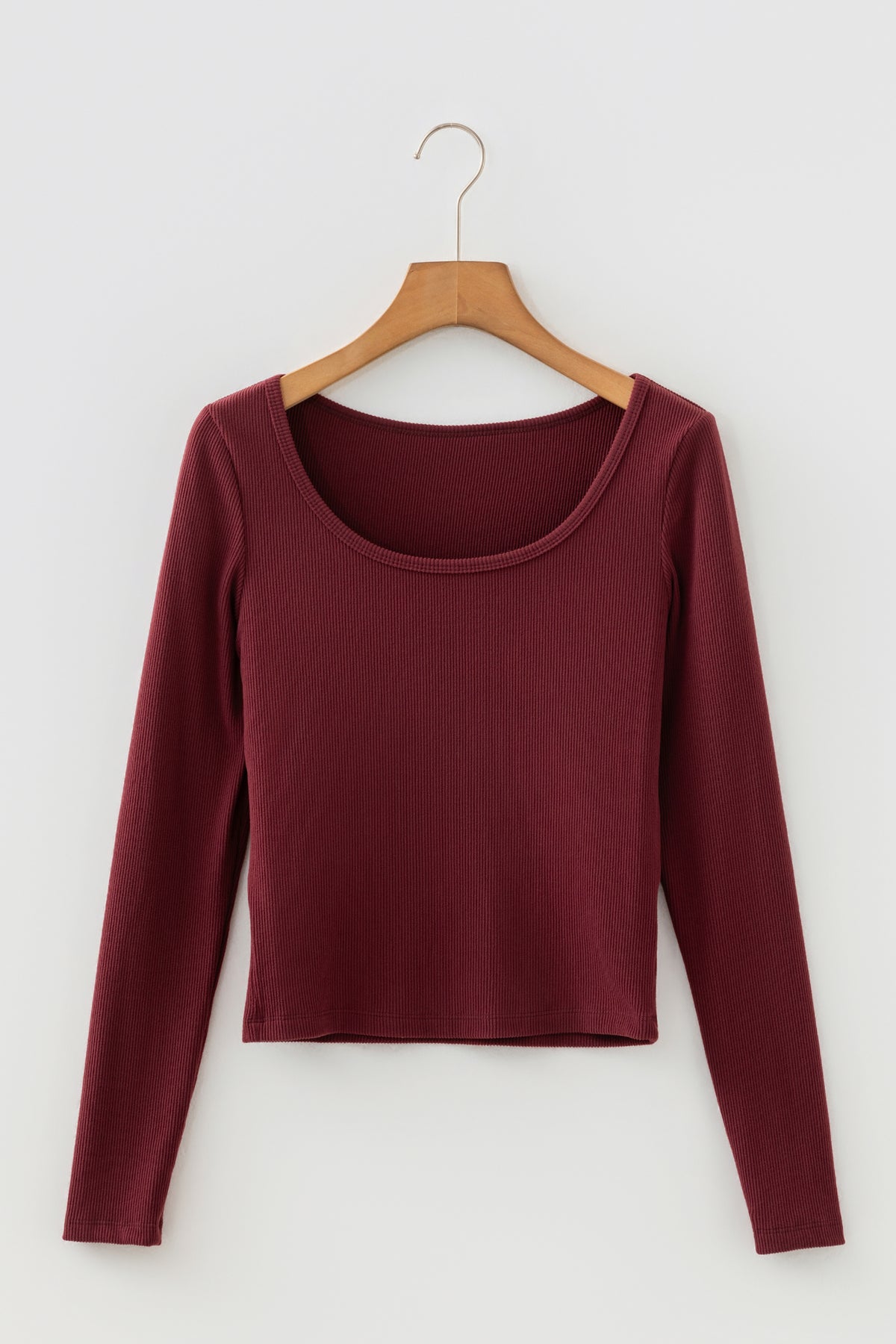 Coffee Ribbed Solid Color U Neck Cropped Long Sleeve Top