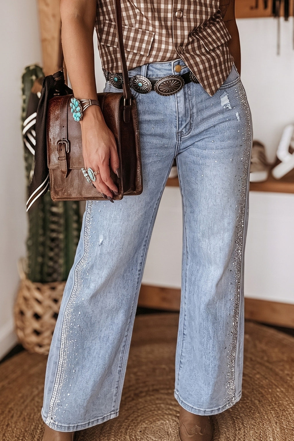 Beau Blue Rhinestone Embellished Western Ripped Shift Jeans