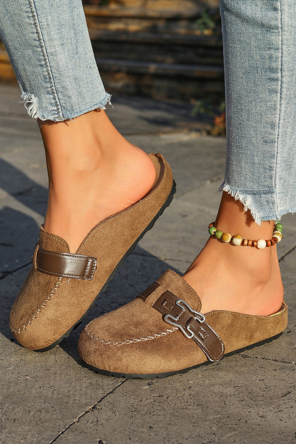 Coffee Faux Suede Cute Buckle PU Leather Strap Mule Slippers