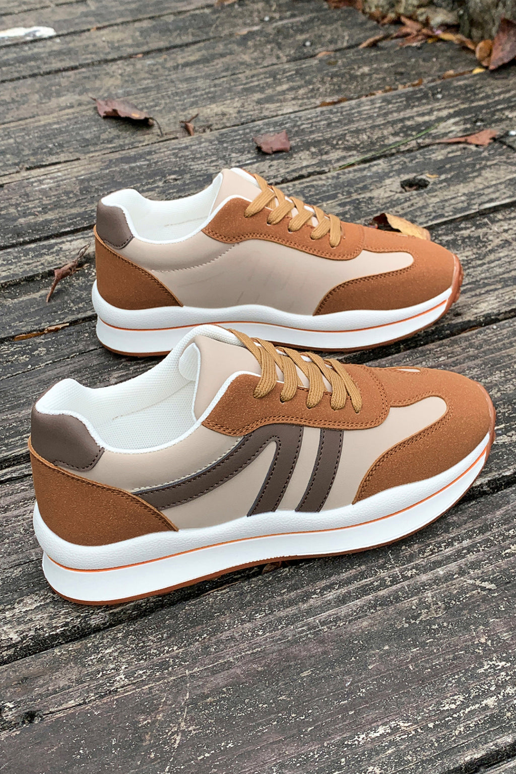 Brown Varsity Color Block Patchwork Lace-up PU Leather Sneakers