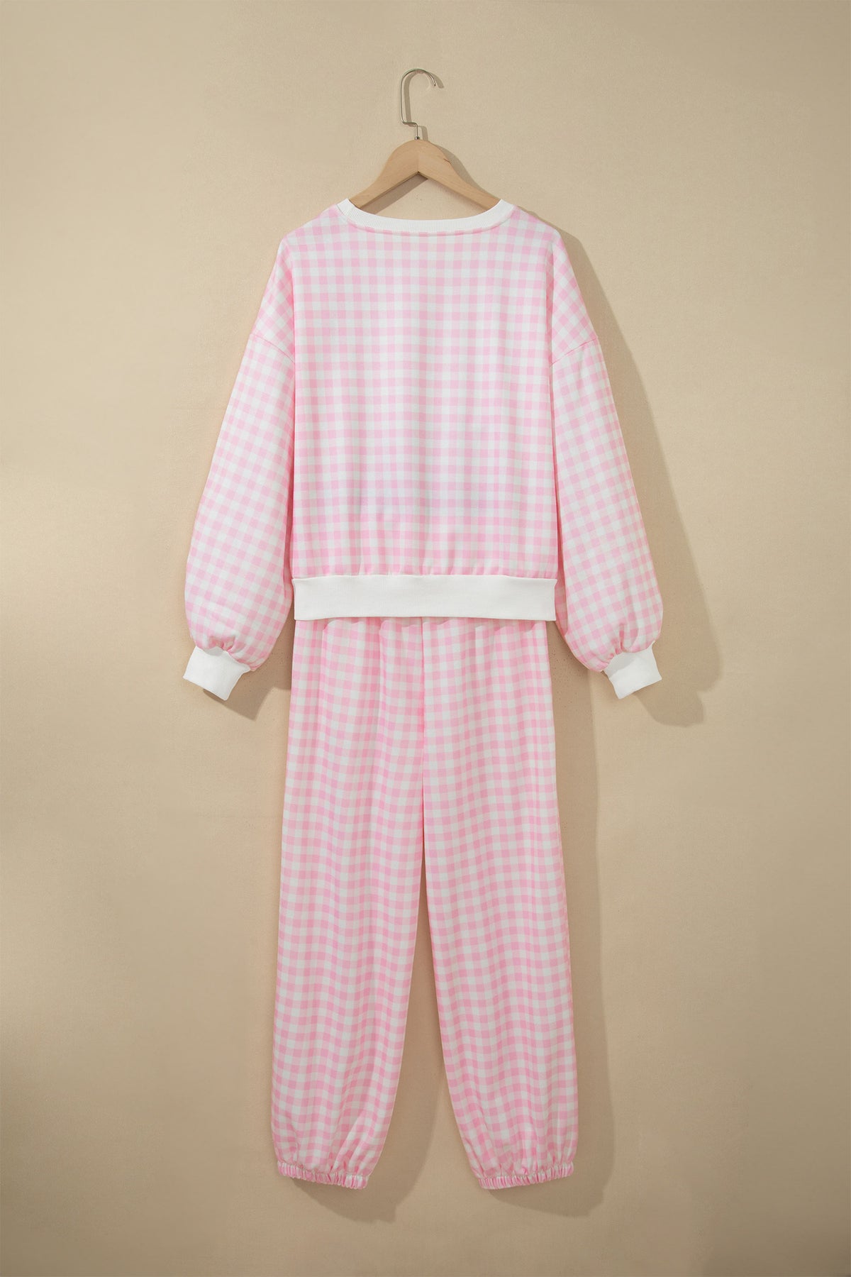 Pink Plaid Long Sleeve Two Piece Pant Set