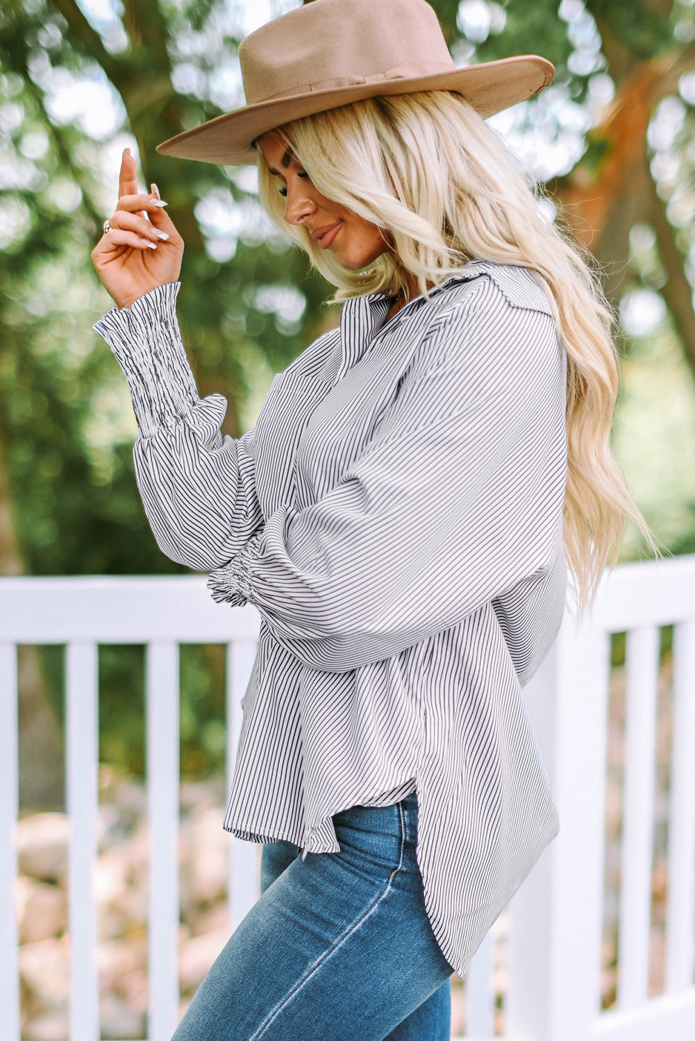 Pink Smocked Cuffed Striped Boyfriend Shirt with Pocket
