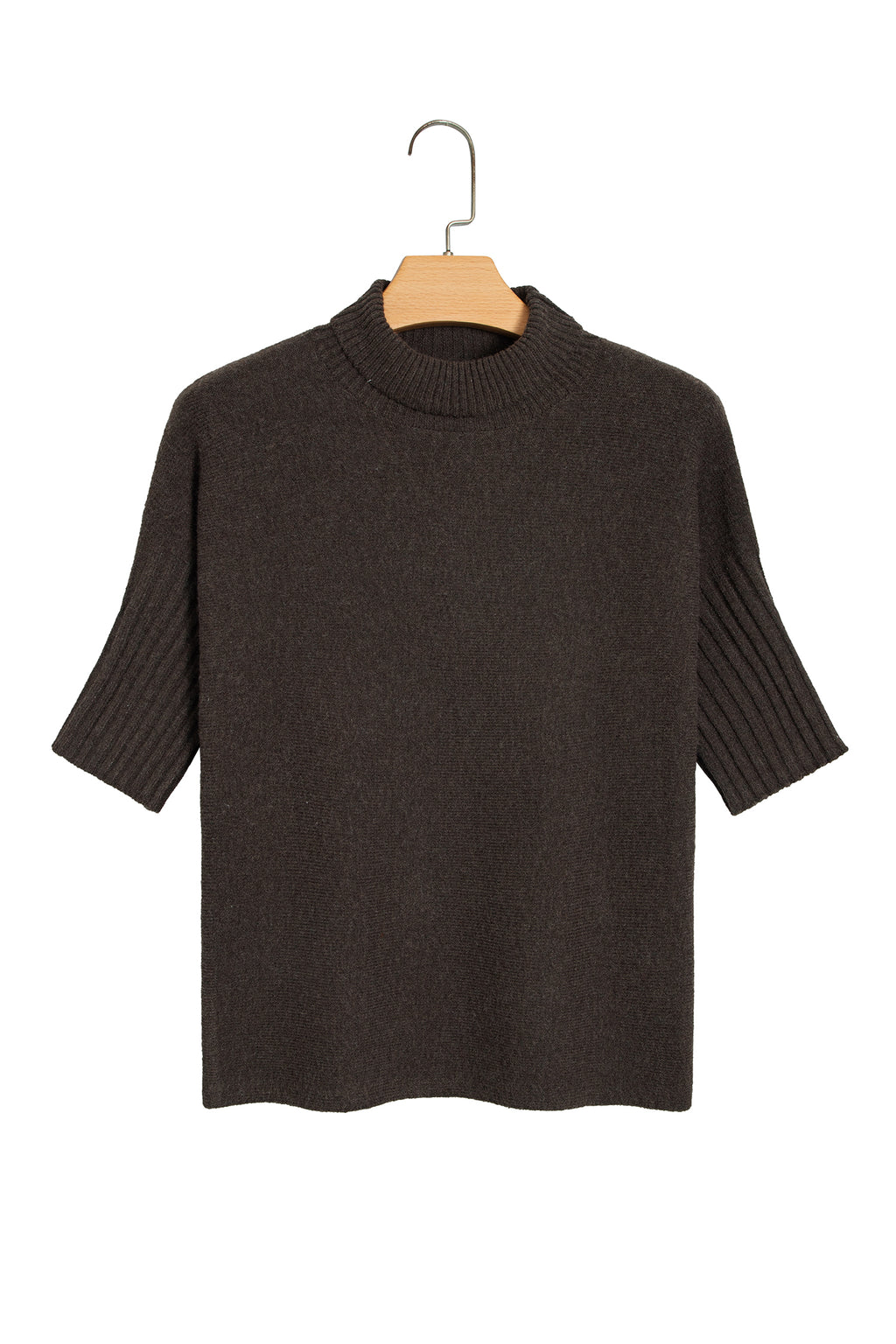 Dark Brown Ribbed Trim High Neck Short Sleeve Casual Sweater