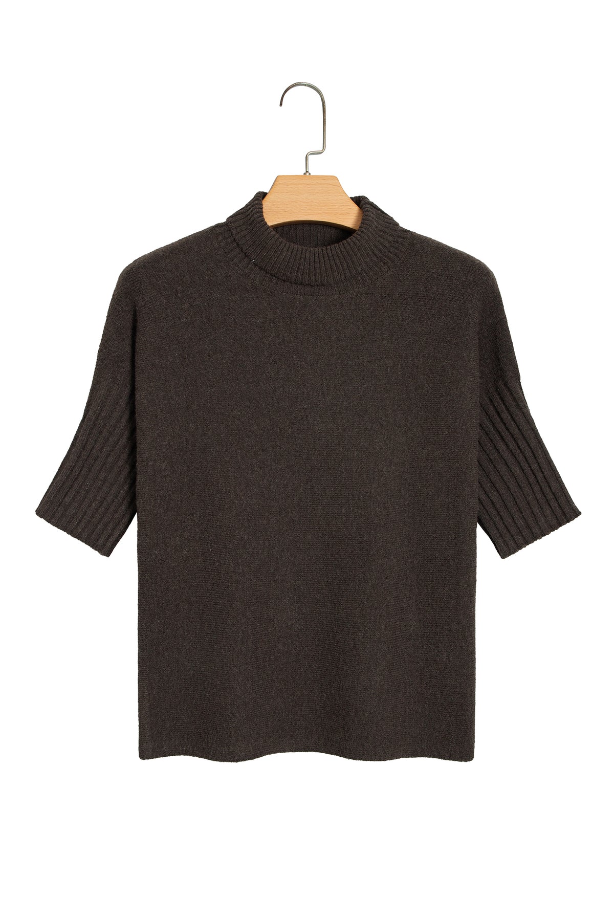 Dark Brown Ribbed Trim High Neck Short Sleeve Casual Sweater