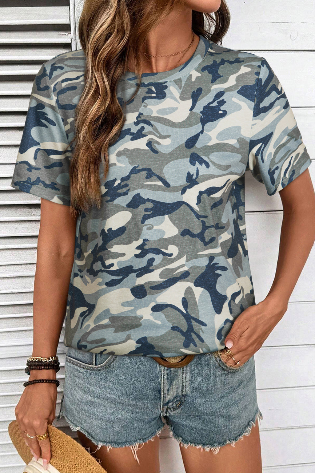 Green Camouflage Print Crew Neck T Shirt