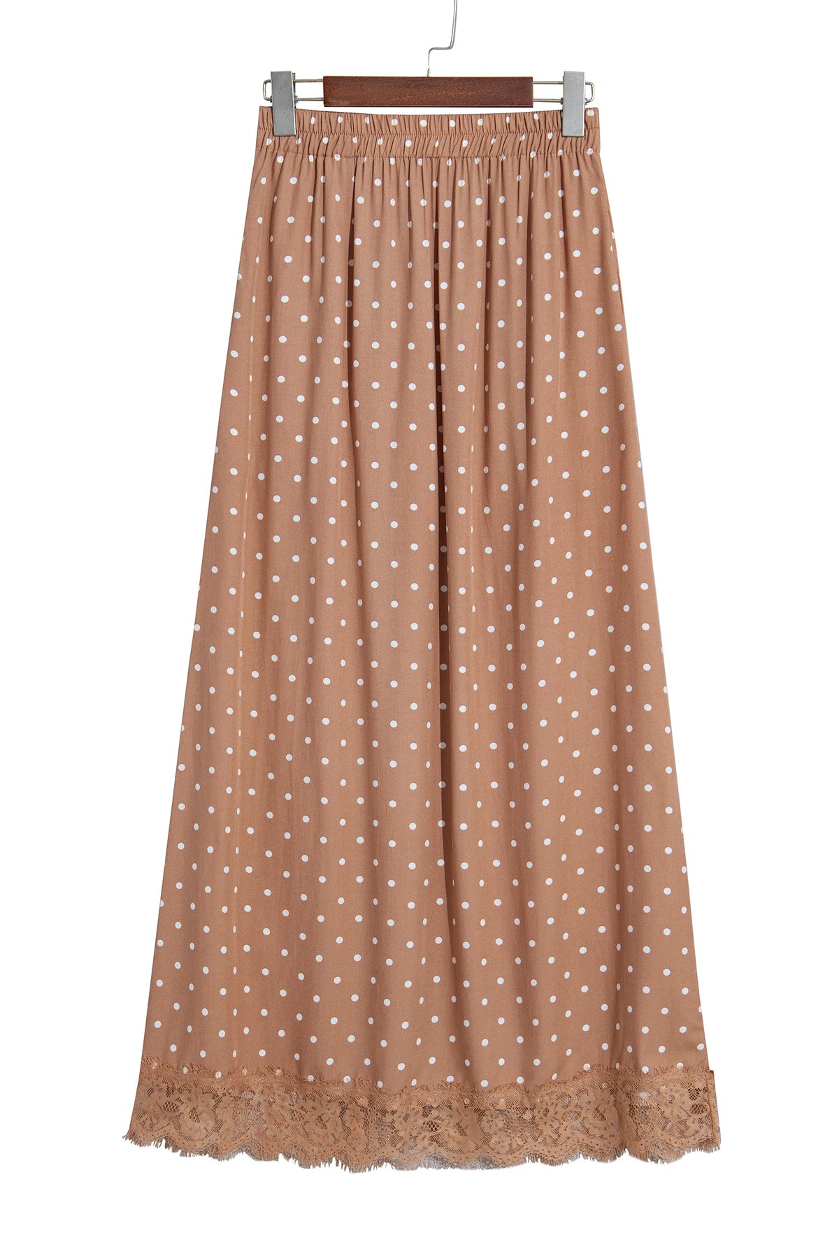 Khaki Polka Dot Lace Hem Elegant Long Shift Skirt