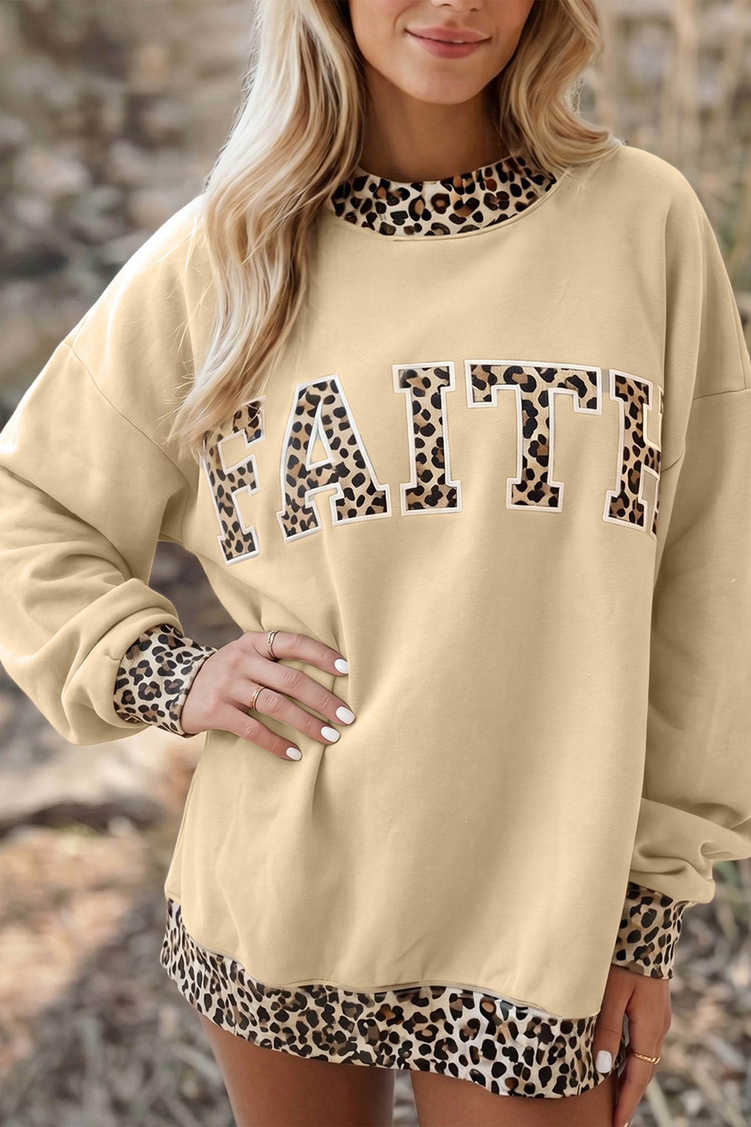 Parchment Leopard Trim High Neck FAITH Letter Graphic Baggy Sweatshirt