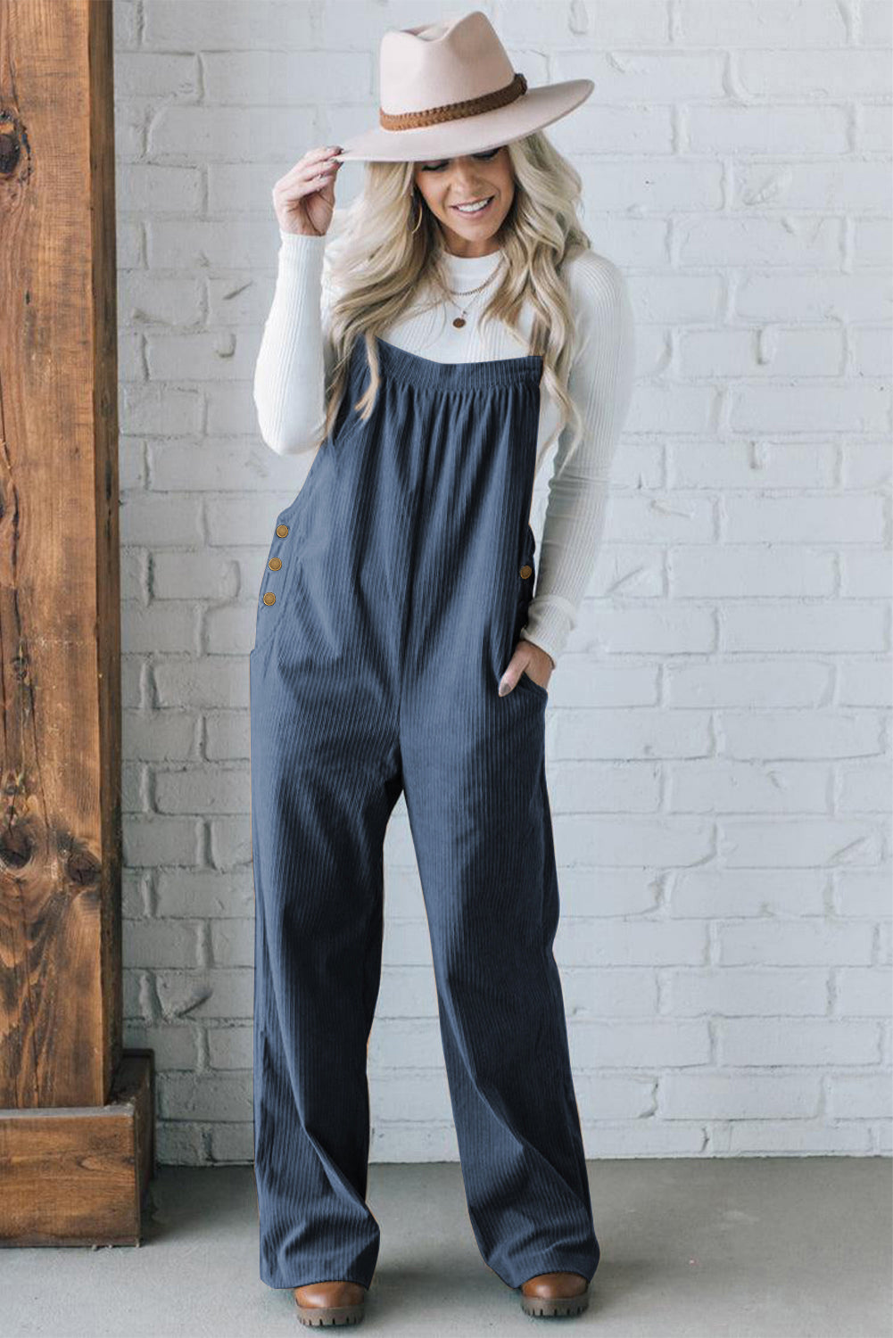Jungle Green Button Adjustable Straps Solid Color Corduroy Jumpsuit