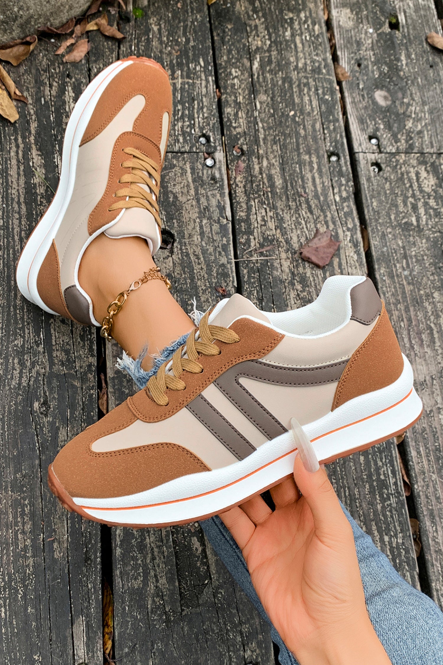 Brown Varsity Color Block Patchwork Lace-up PU Leather Sneakers