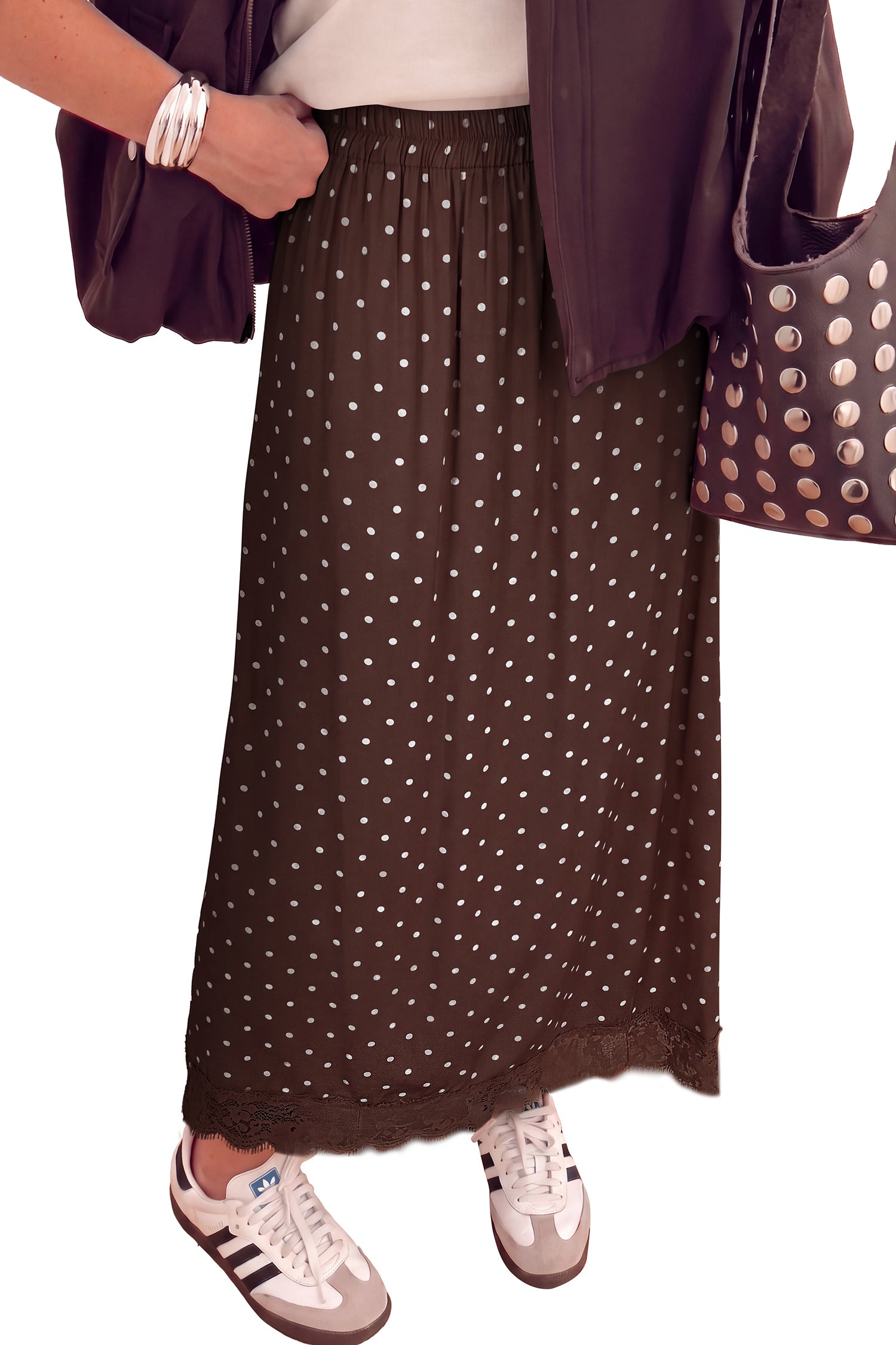 Khaki Polka Dot Lace Hem Elegant Long Shift Skirt