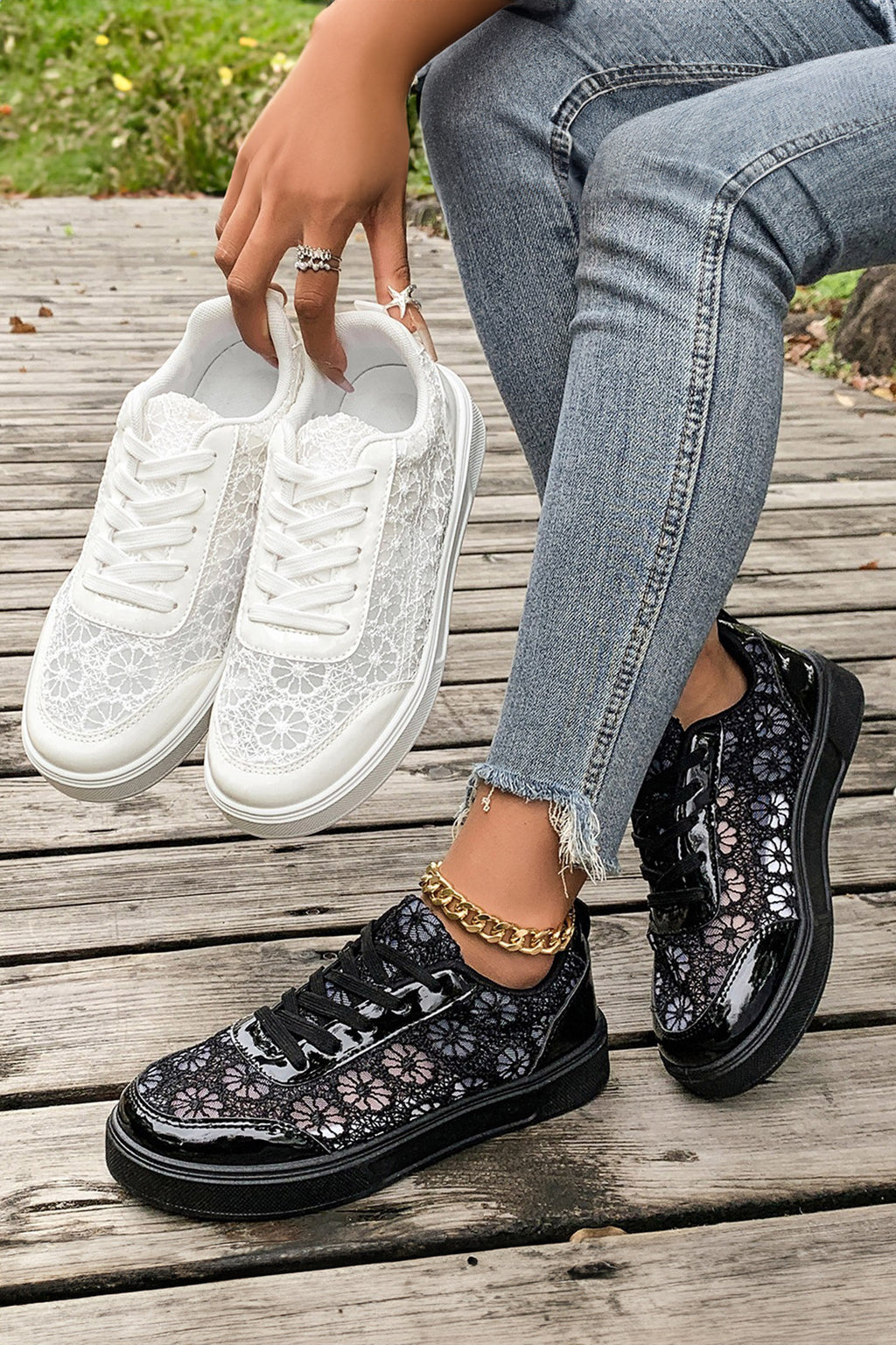 White Sheer Floral Lace Slip On Casual Sneakers
