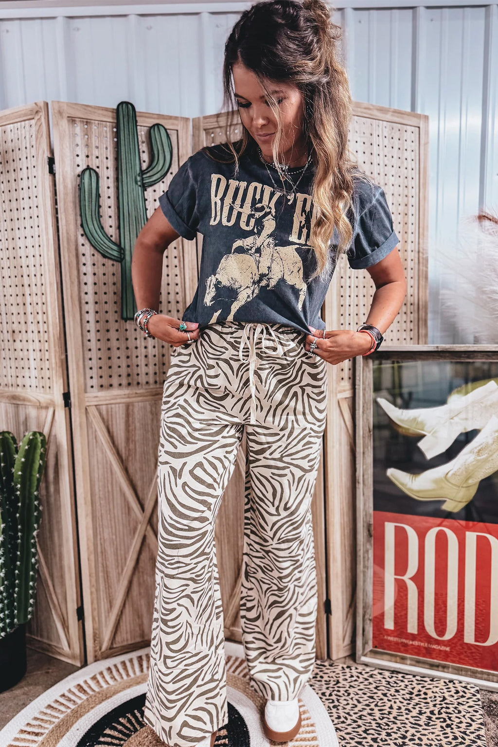 Multicolour Western Print Zebra Pattern Elastic Waist Pocket Full-Length Pants
