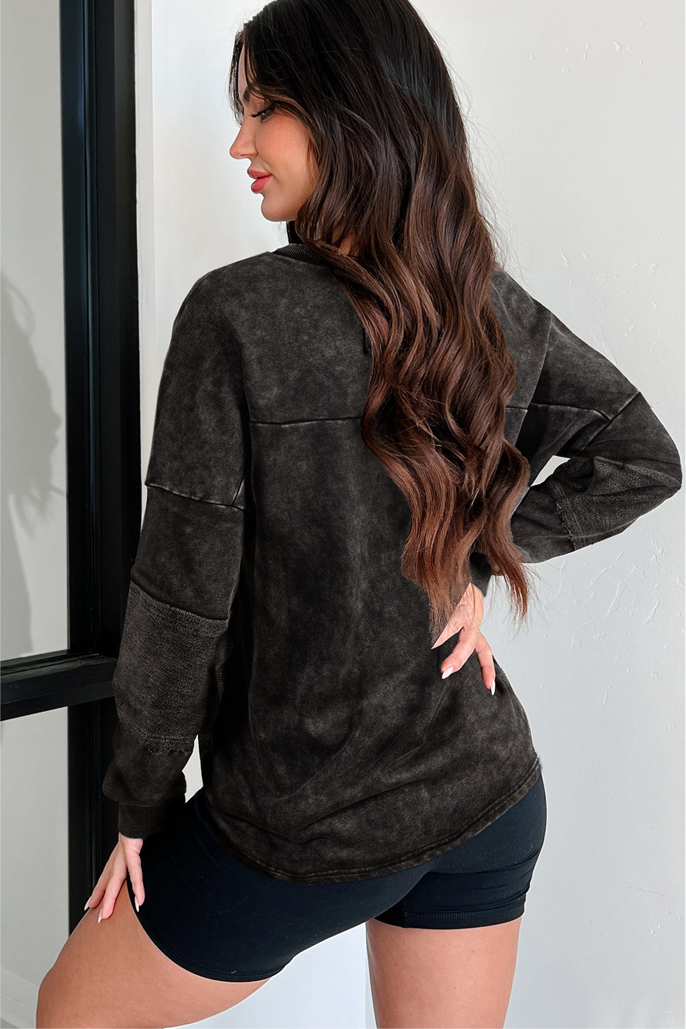 Mist Blue Mineral Wash Exposed Seam Buttoned V Neck Pullover Top
