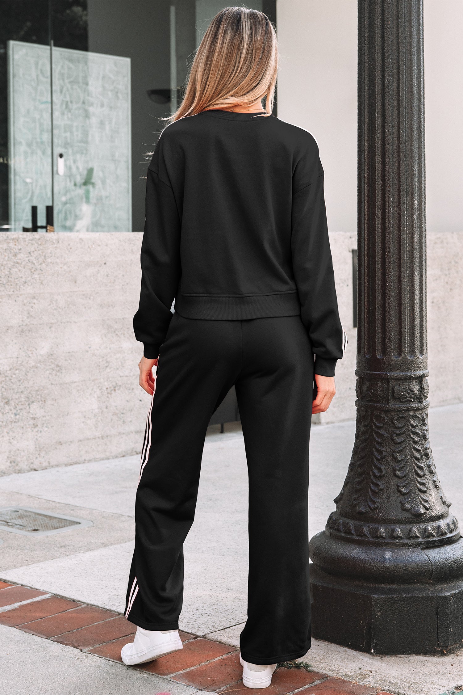 Gray Morn Varsity Striped Detail Crewneck Pullover Elastic Sweatpants 2pcs Outfit