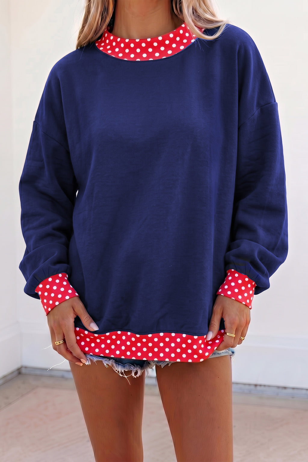 Dark Blue Colorblock Polka Dot Contrast Trim Oversized Sweatshirt