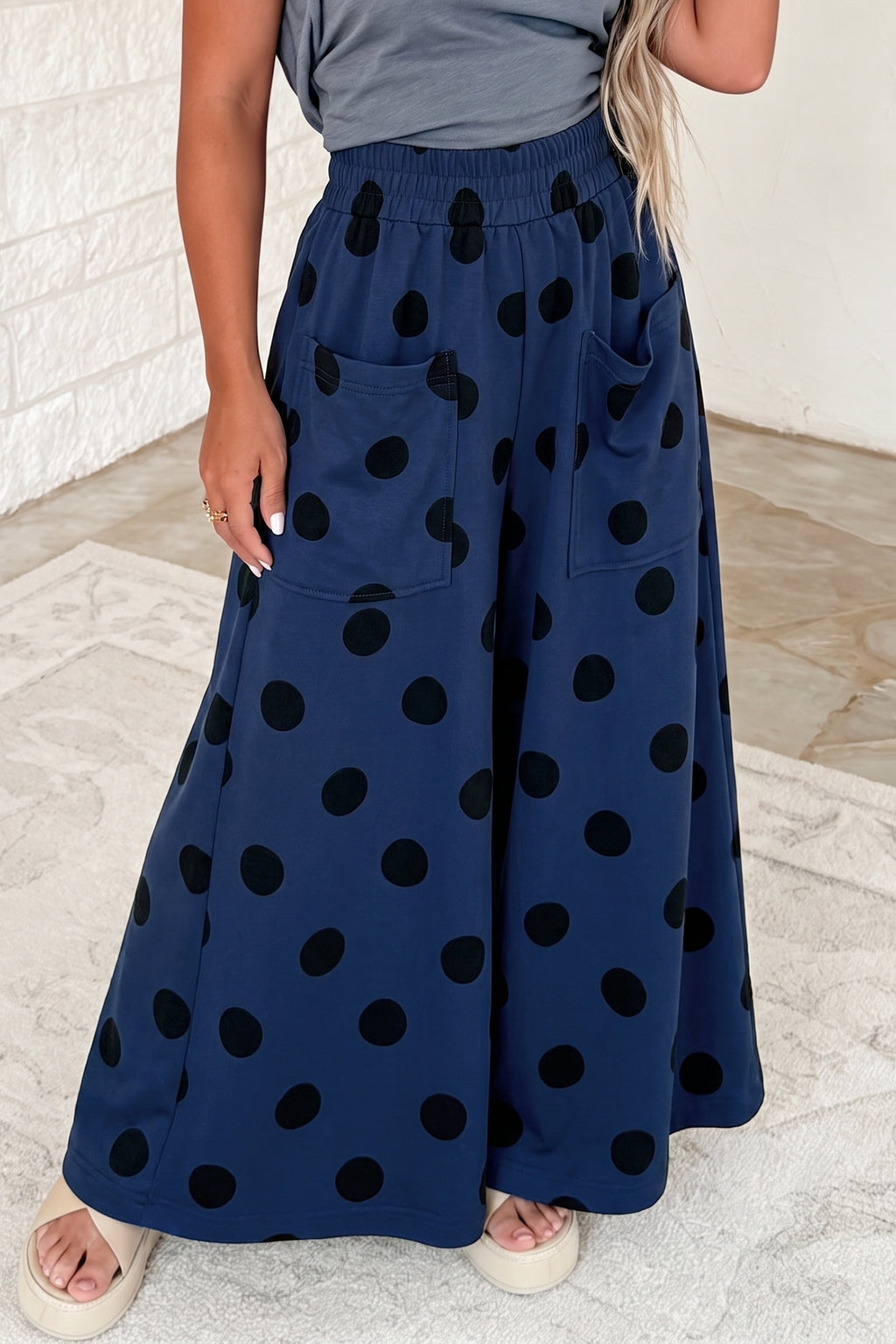 Black Polka Dot Wide Leg Elastic Waist Casual Pants