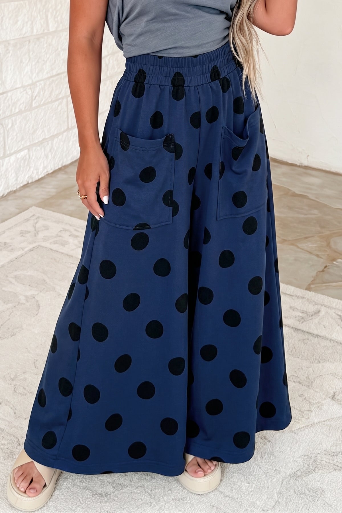 Black Polka Dot Wide Leg Elastic Waist Casual Pants
