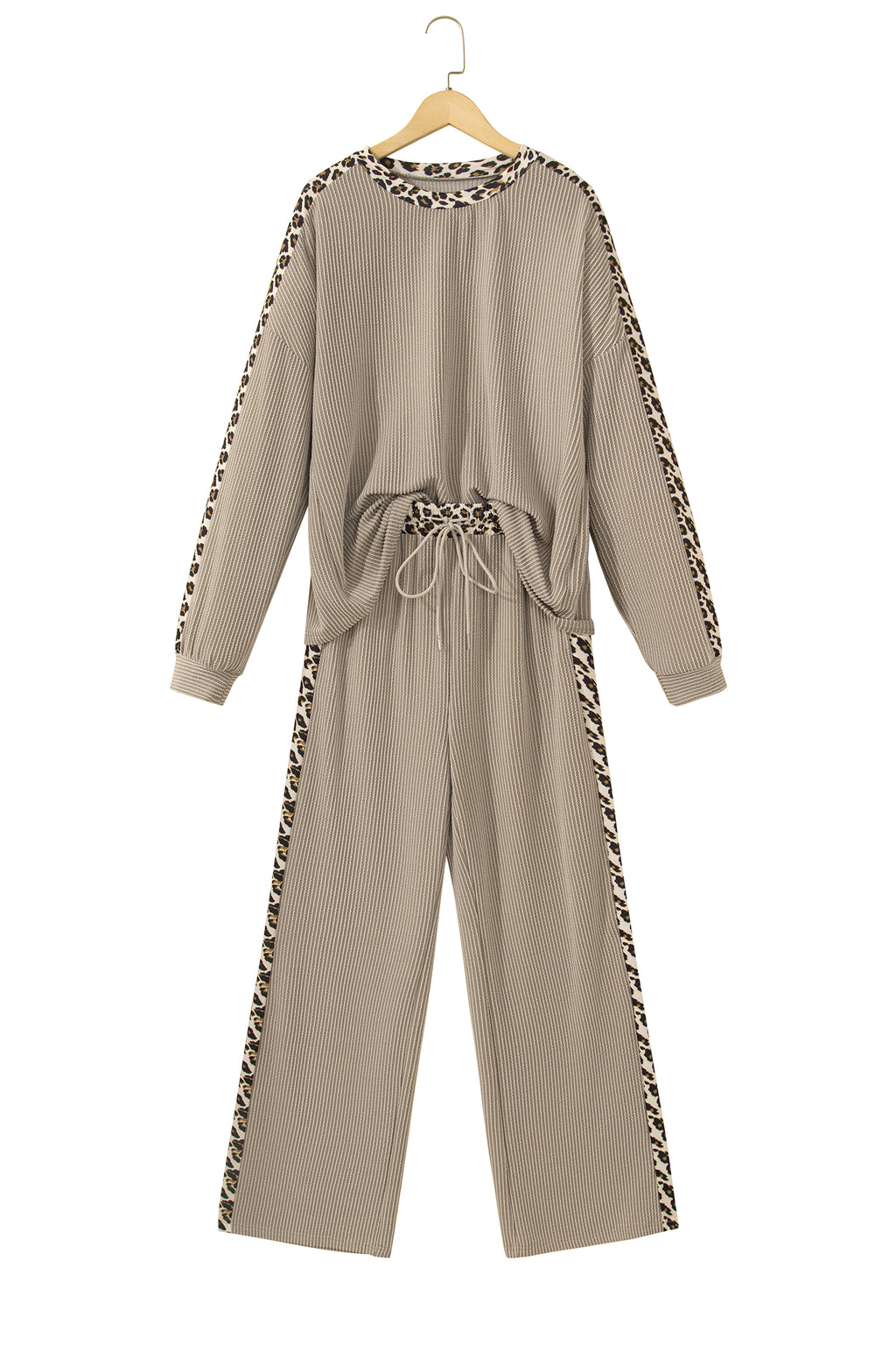 Simply Taupe Cozy Ribbed Patchwork Leopard Trim Long Sleeve 2pcs Pant Set