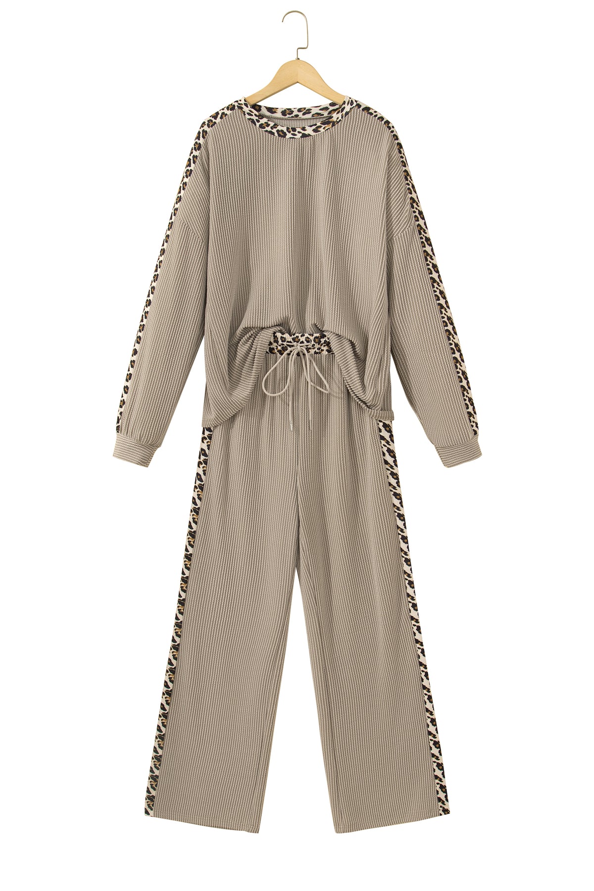 Simply Taupe Cozy Ribbed Patchwork Leopard Trim Long Sleeve 2pcs Pant Set