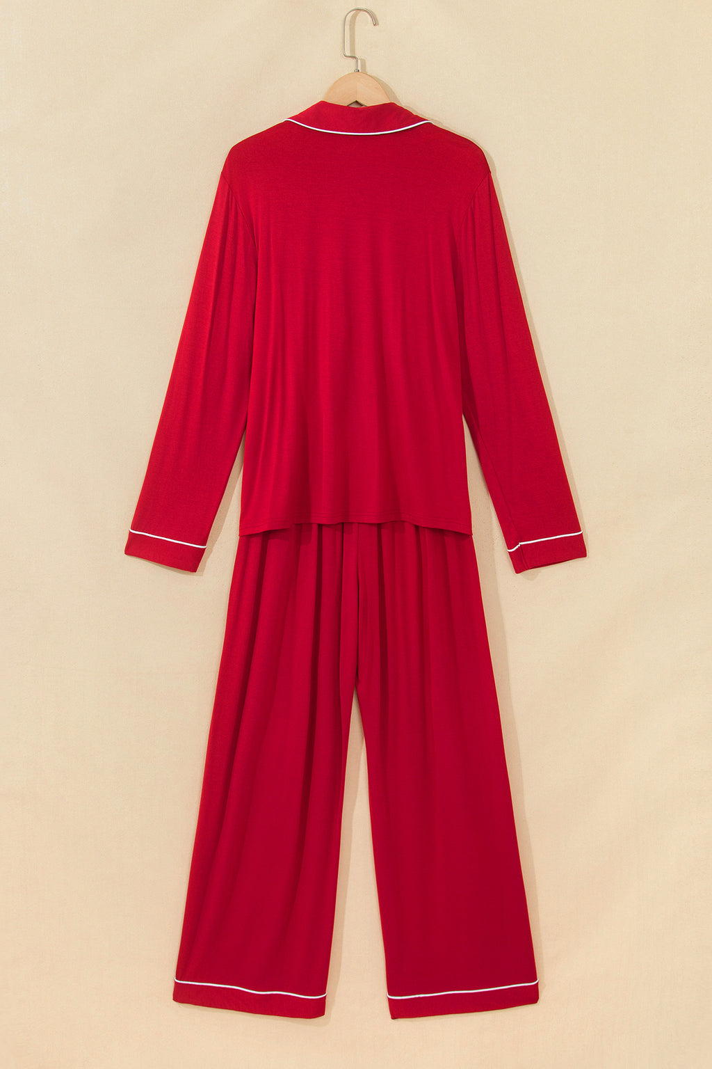 Racing Red Bow Pocket Detail Long Sleeve Shirt 2pcs Pajama Set