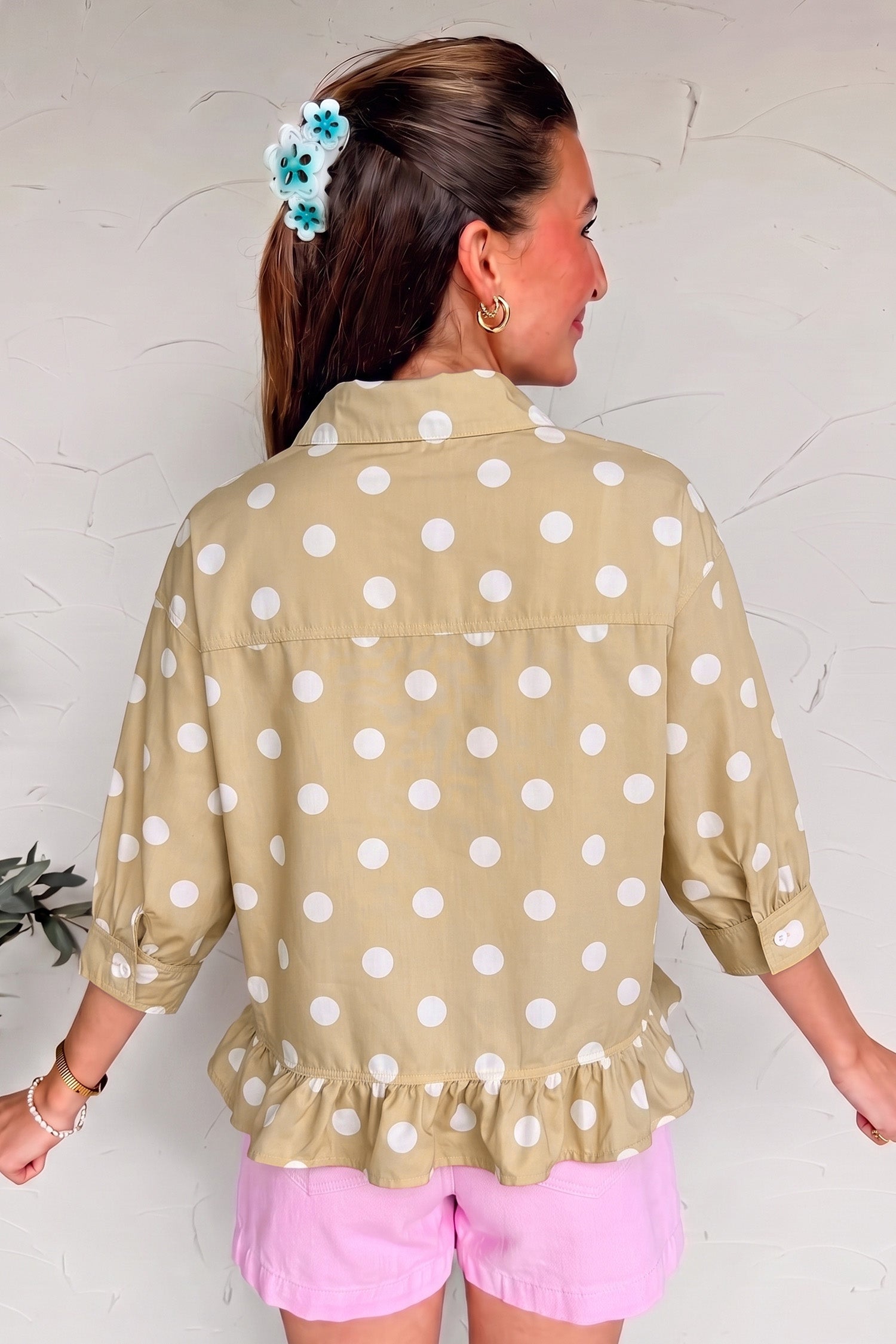 White Polka Dot Print Three Quarter Sleeve Ruffle Hem Casual Shirt