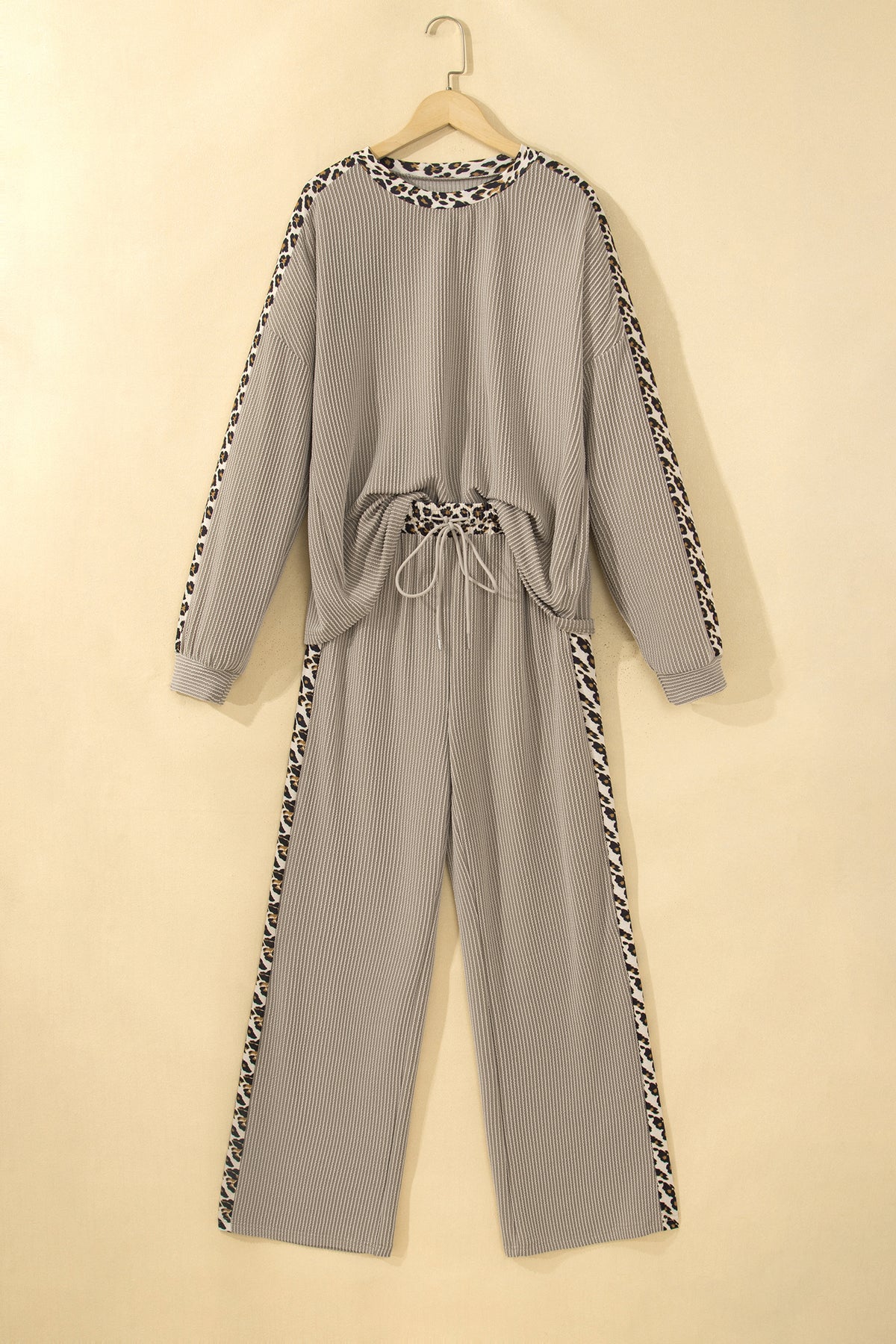 Simply Taupe Cozy Ribbed Patchwork Leopard Trim Long Sleeve 2pcs Pant Set