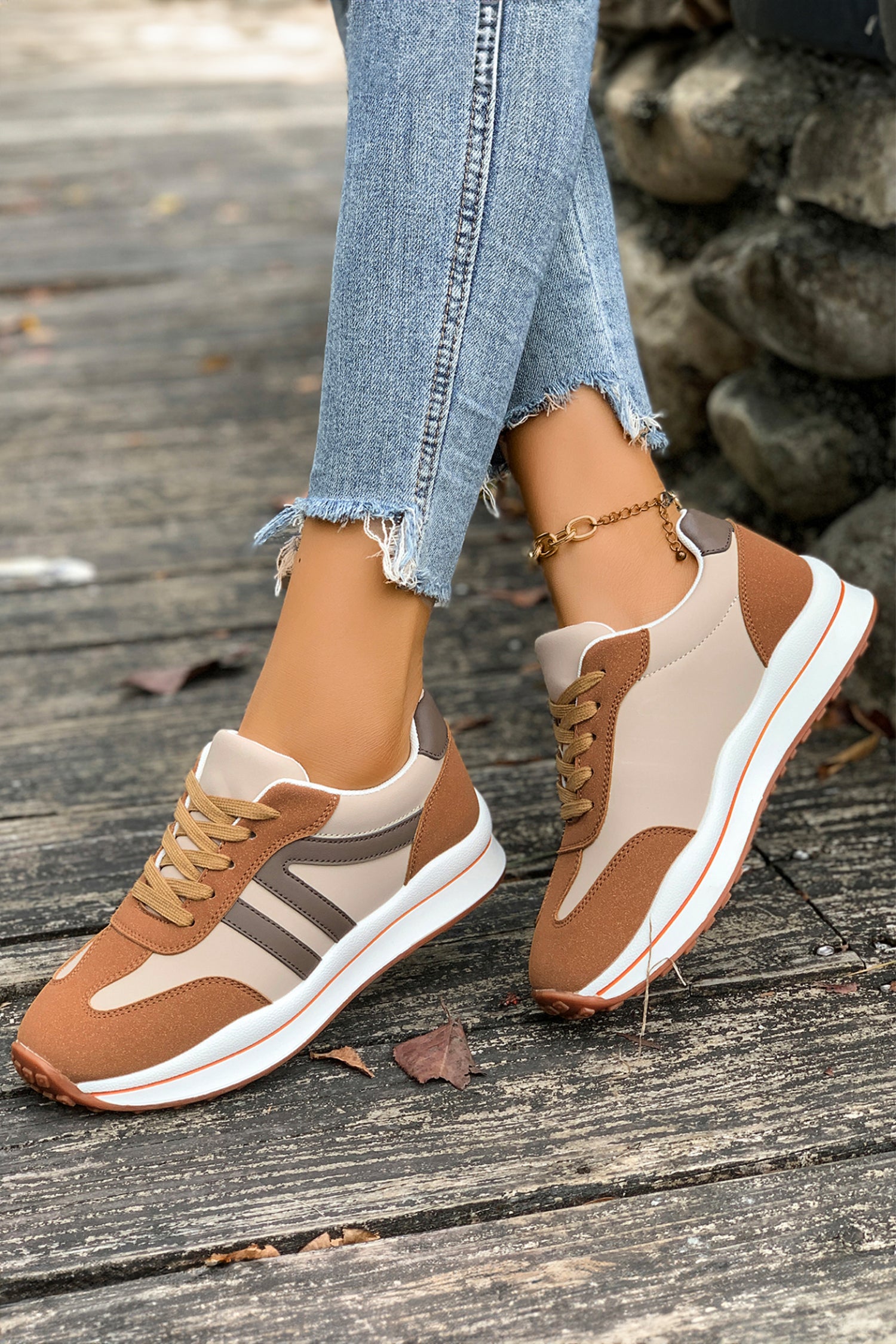 Brown Varsity Color Block Patchwork Lace-up PU Leather Sneakers