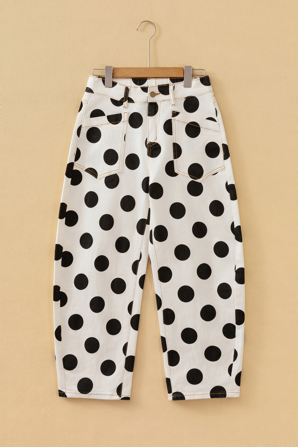 White Polka Dot Ankle-Length Barrel Jeans