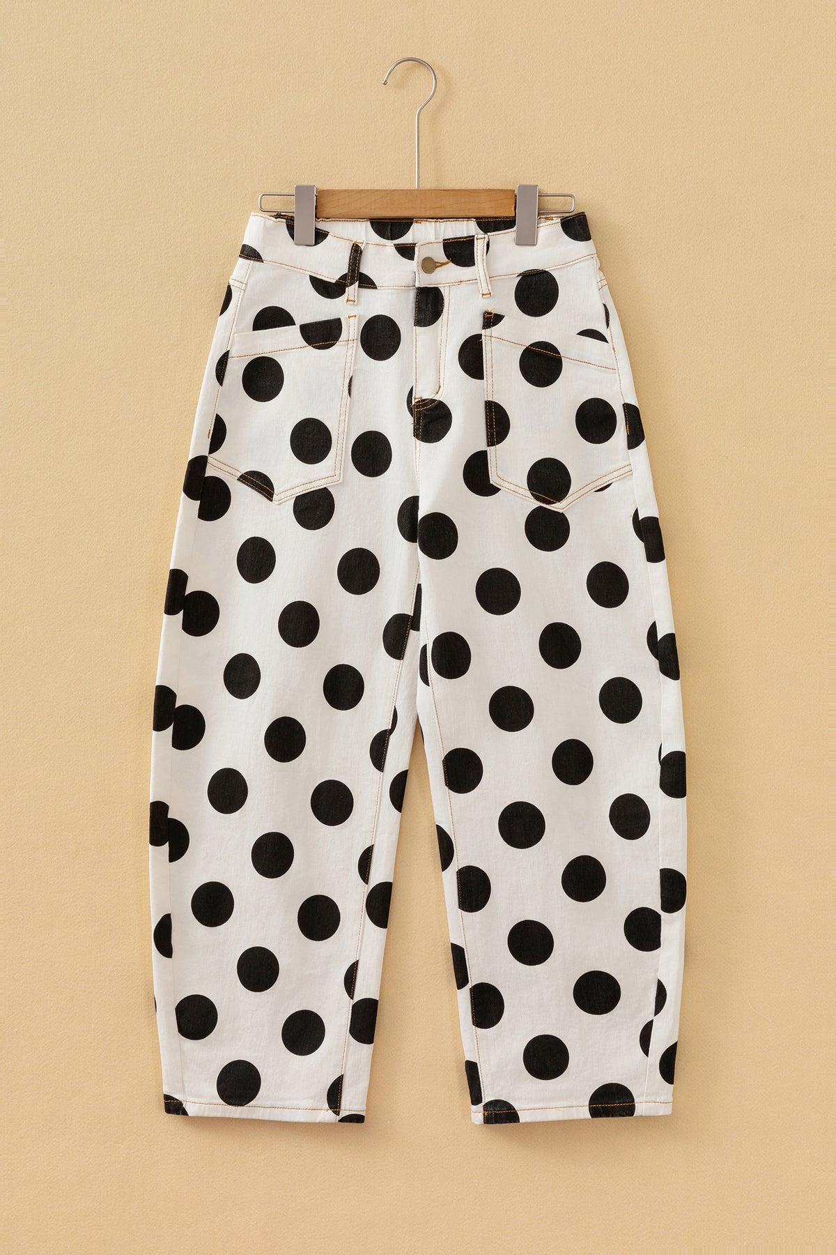 White Polka Dot Ankle-Length Barrel Jeans