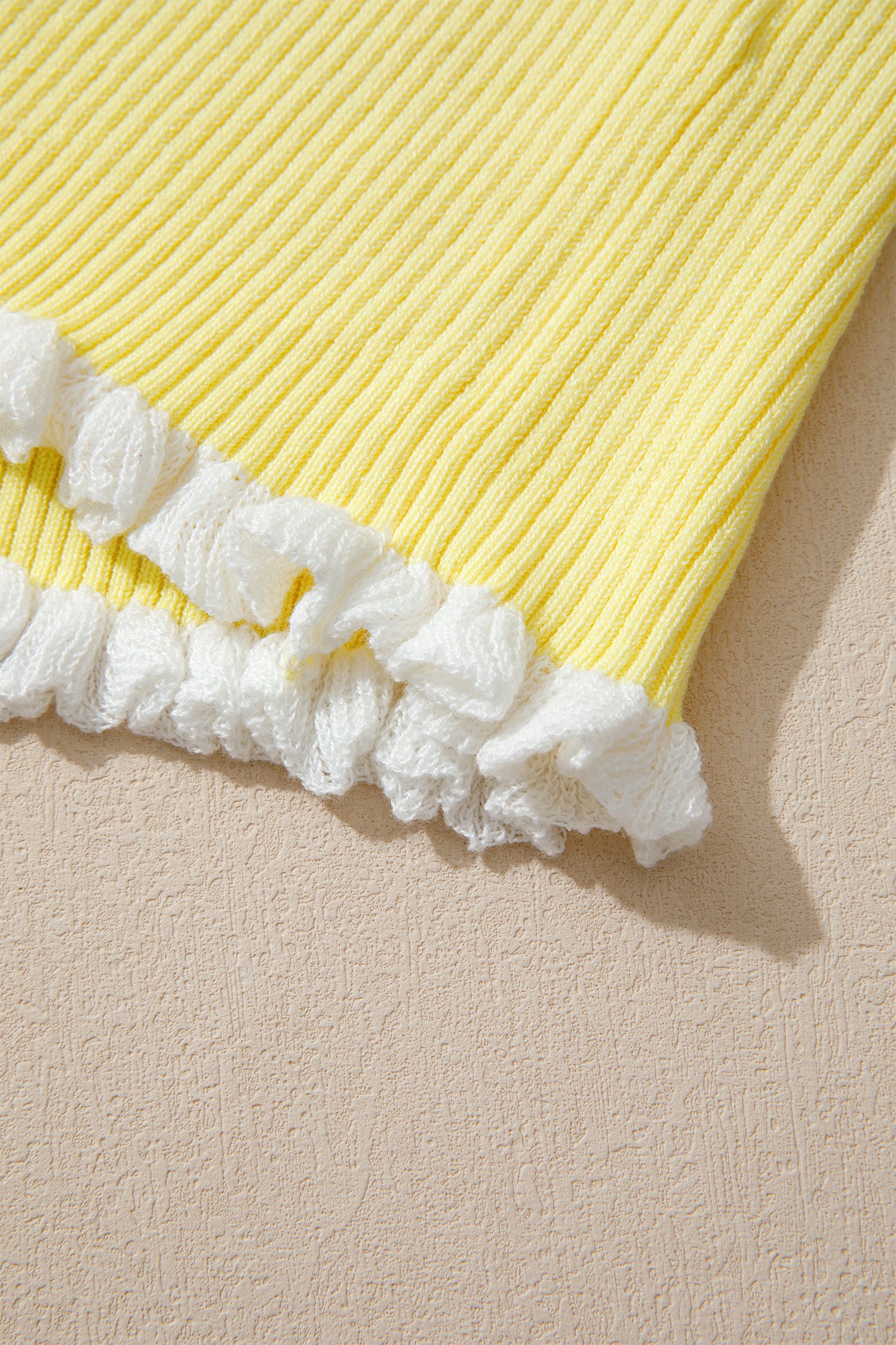 Yellow Cream Ribbed Knit Contrast Frilled Short Sleeve Sweater Cardigan