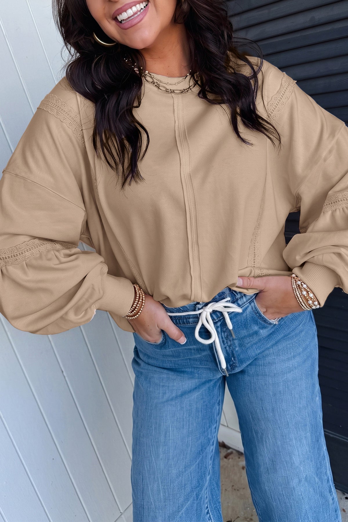Pink Solid Color Raw Seam Lace Detail Loose Casual Sweatshirt