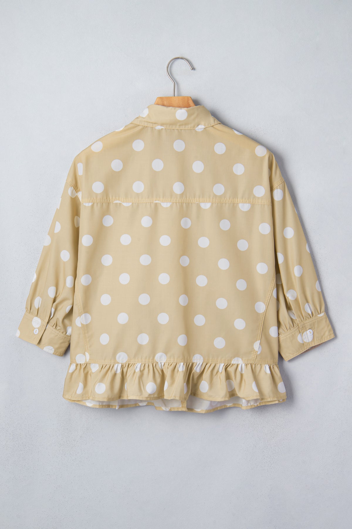 White Polka Dot Print Three Quarter Sleeve Ruffle Hem Casual Shirt