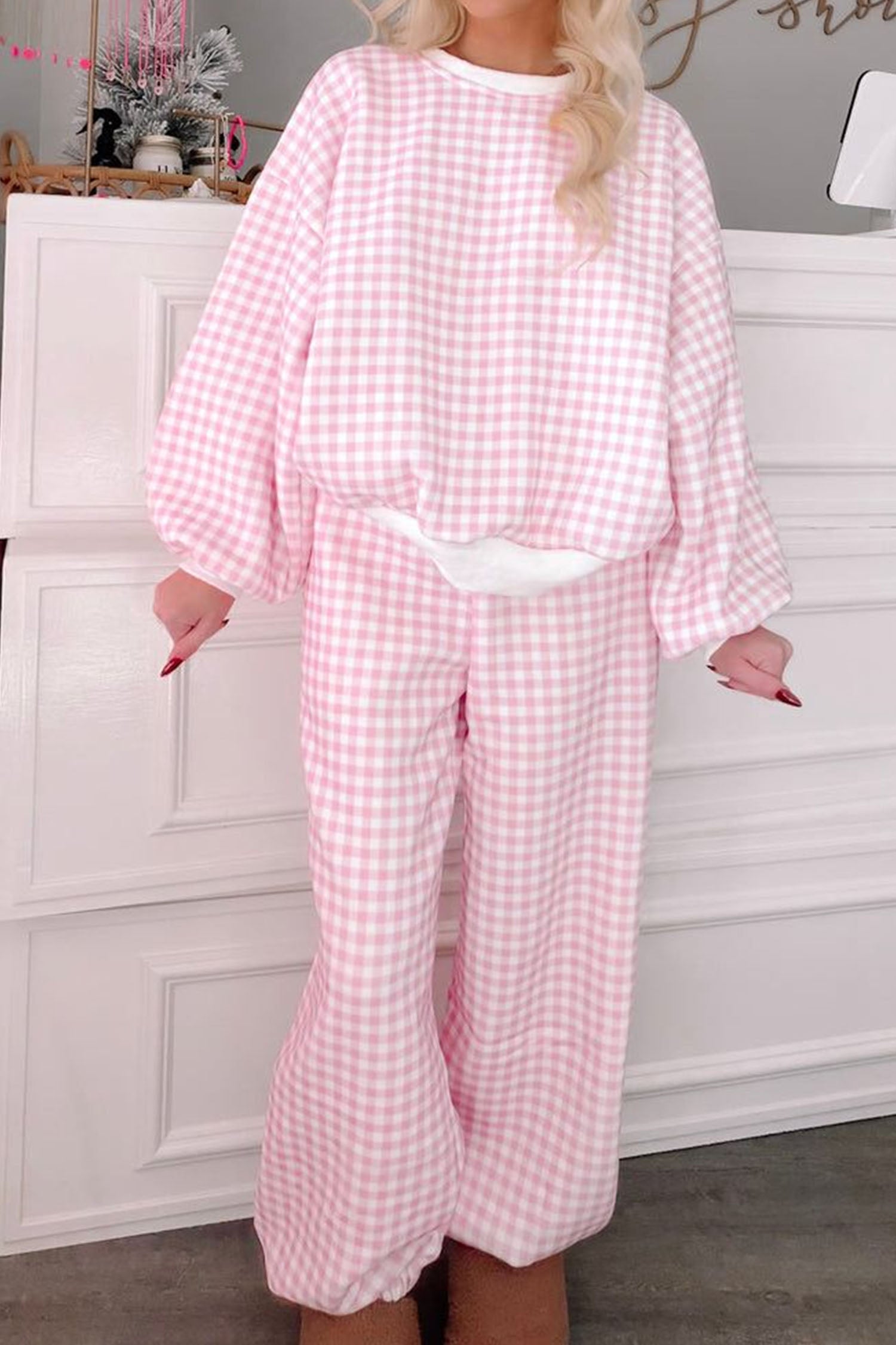 Pink Plaid Long Sleeve Two Piece Pant Set