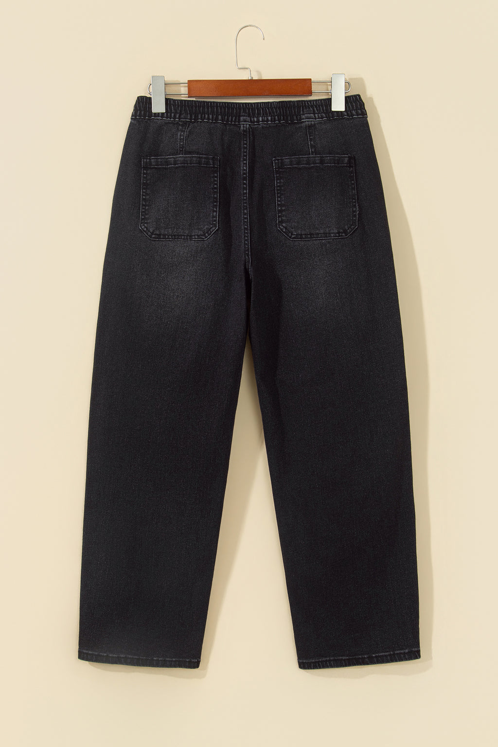 Black Drawstring Waist Ankle Length Casual Jeans Regular Fit Pocket Detail Denim Pants