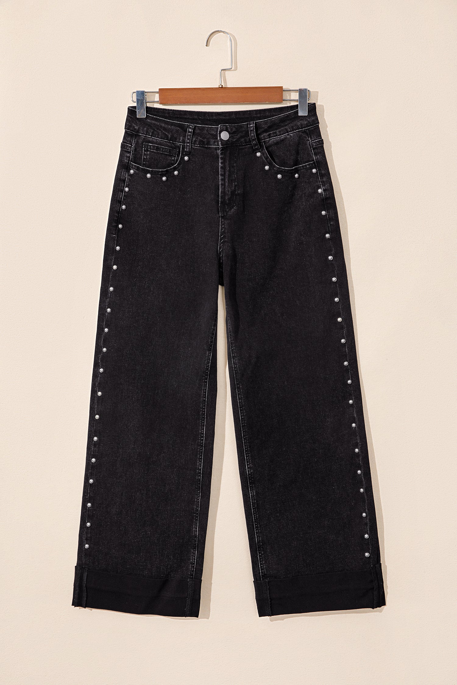 Navy Blue Studded Detail Straight Leg Casual Loose Jeans
