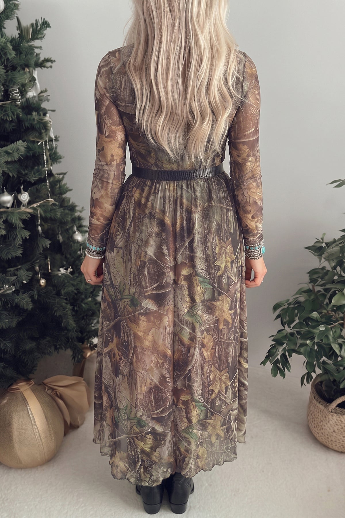 Brown Western Print Mesh Long Sleeve Maxi Dress