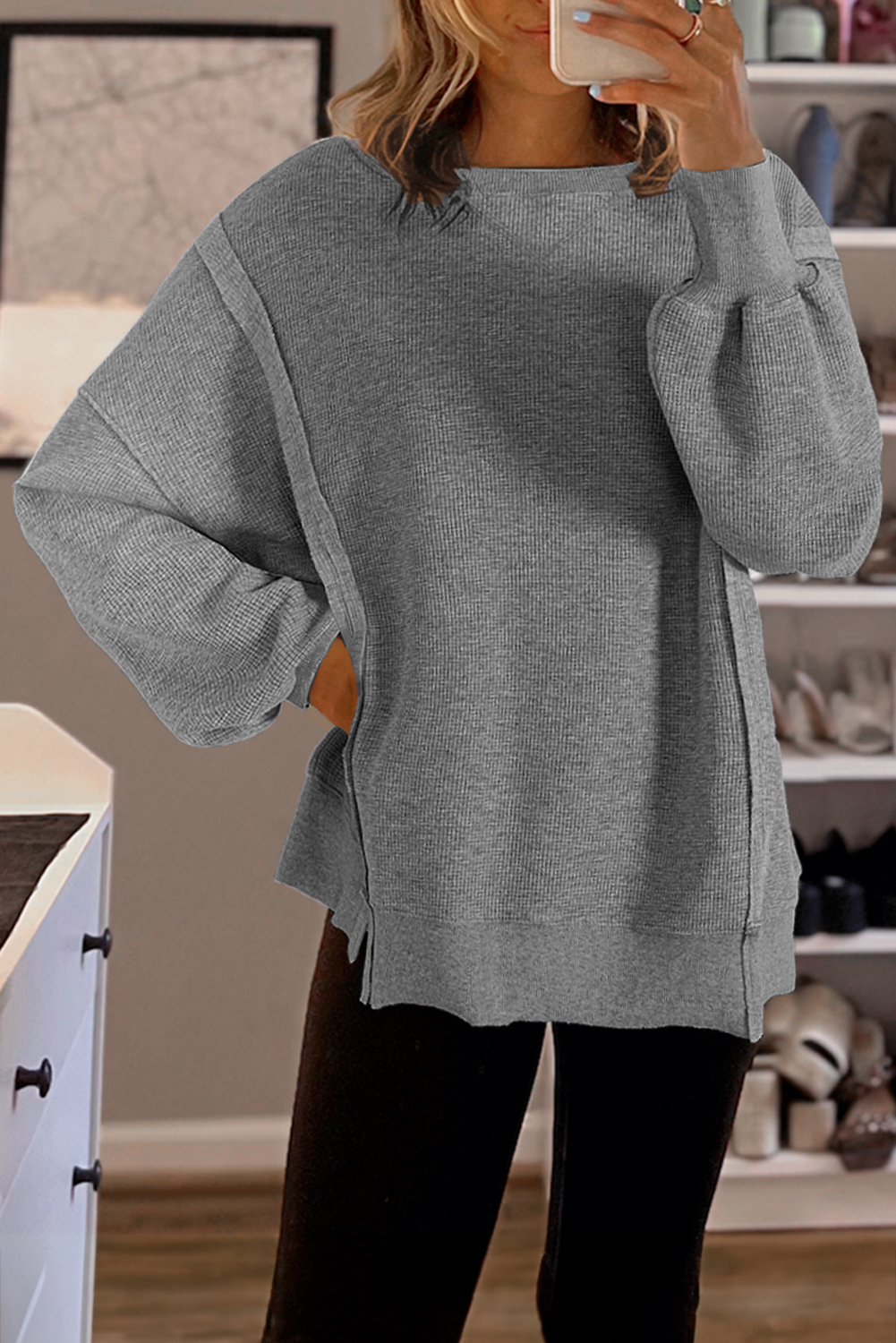 Pink Waffle knit Bishop Sleeve Split Oversized Top
