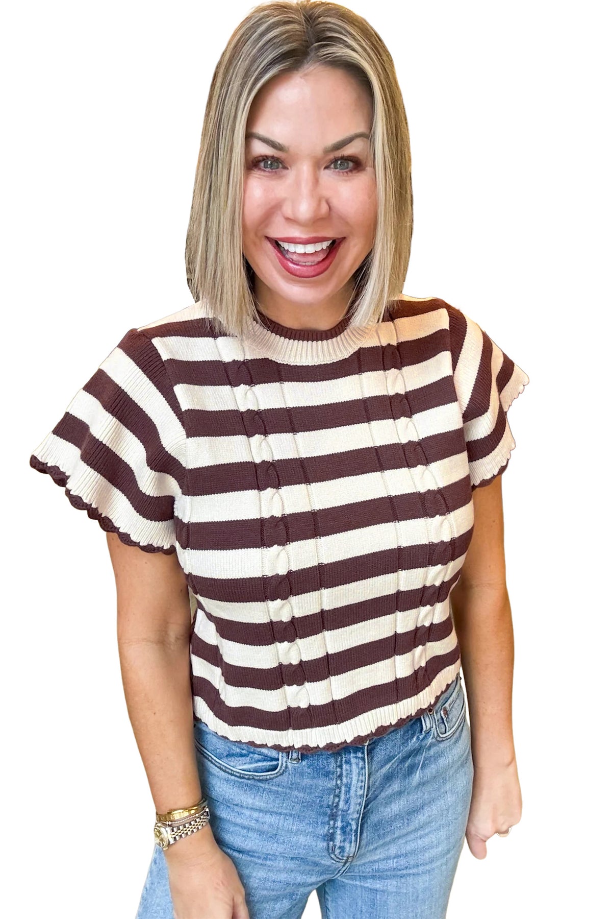 Brown Stripe Ribbed Knit Cable Detail Short Sleeve Sweater