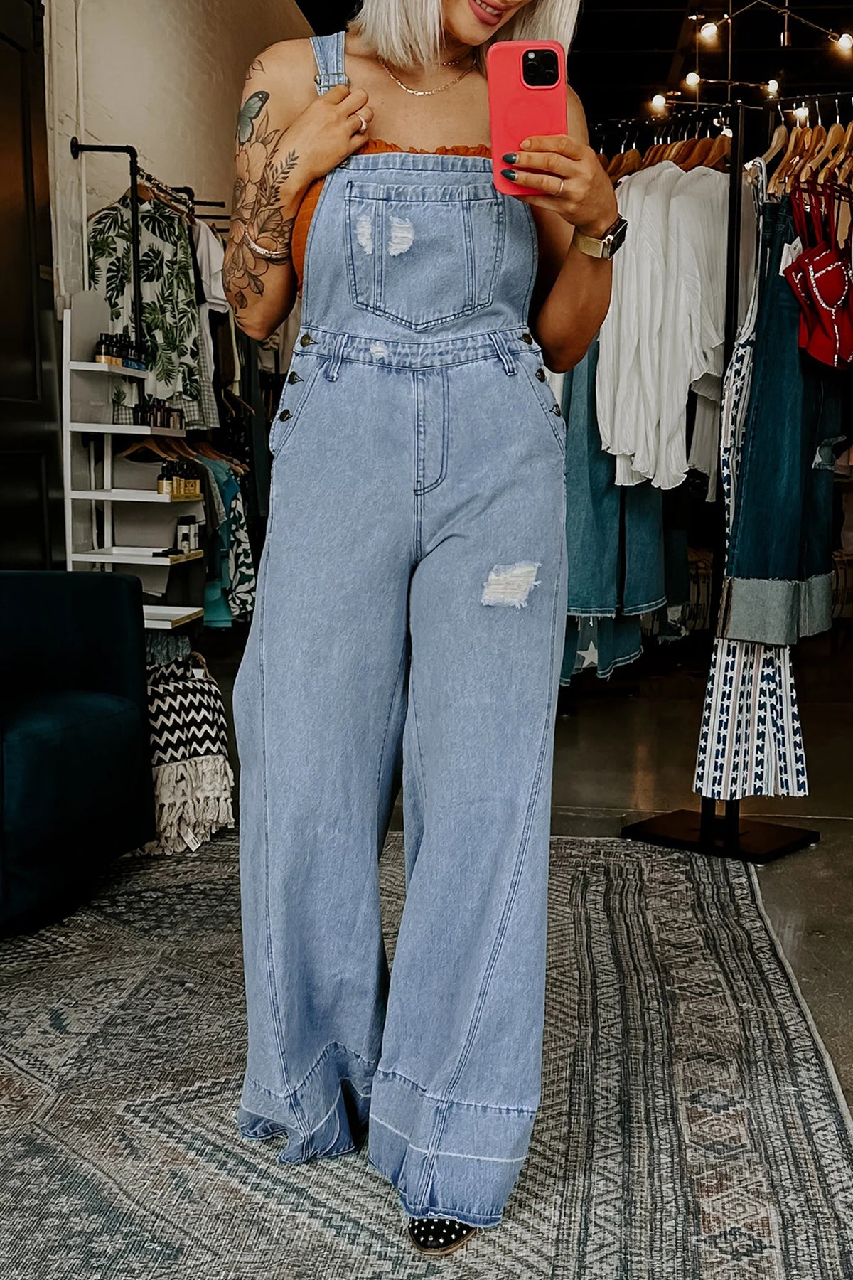 Mist Blue Retro Distressed Button Adjustable Straps Denim Overall Jumpsuit
