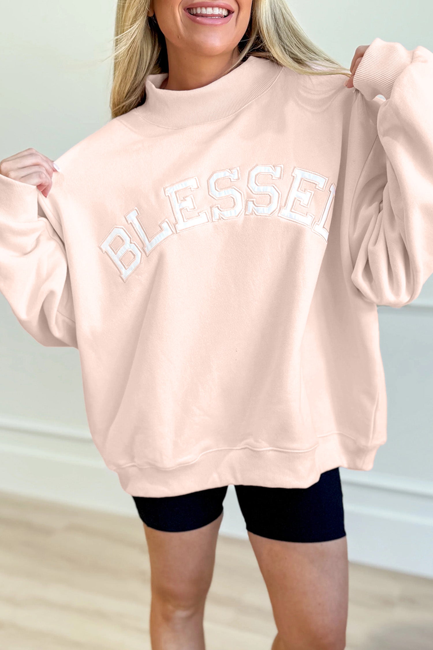Sea Green Oversize Blessed Embroidered Mock Neck Sweatshirt