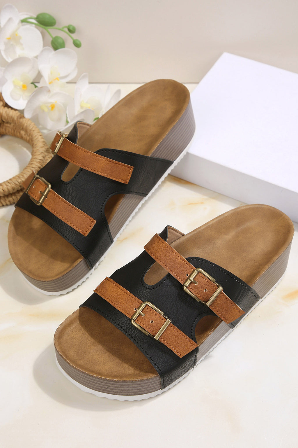 Color black Faux Suede Contrast Buckle Strap Retro Platform Slippers