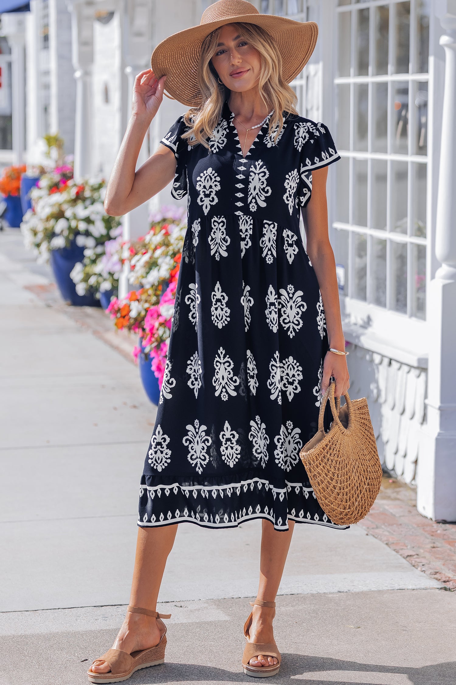 Blue Western Ethnic Print Notched Neck Short Sleeve Midi Dress