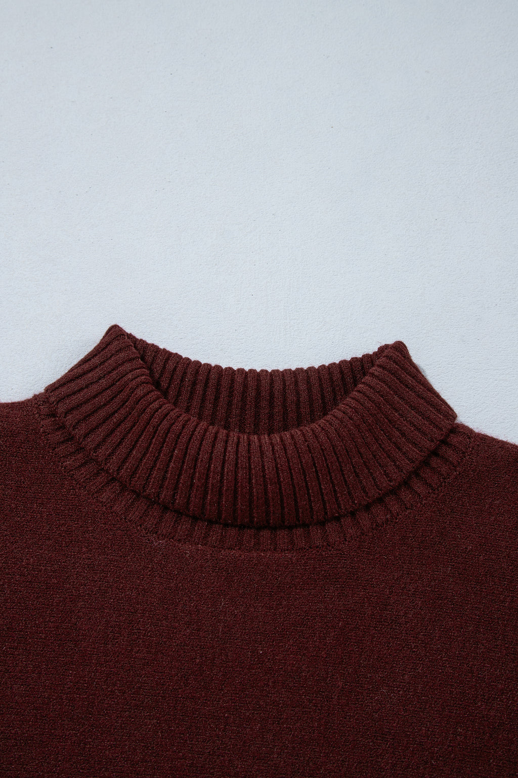 Dark Brown Ribbed Trim High Neck Short Sleeve Casual Sweater