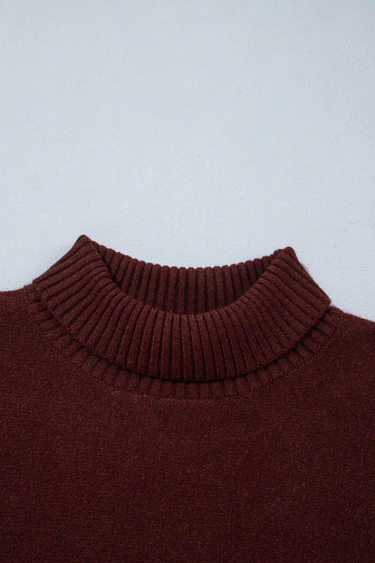 Dark Brown Ribbed Trim High Neck Short Sleeve Casual Sweater
