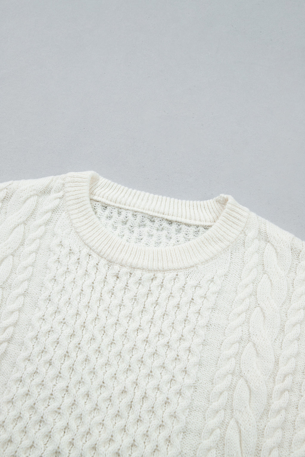 Beige Solid Color Cable Detail Knit Loose Round Neck Sweater